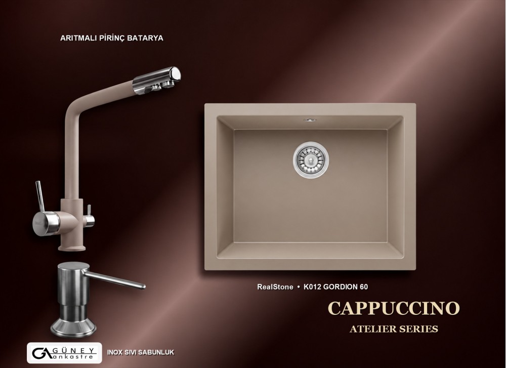 Güney Ankastre RealStone Cappuccino Atelier Evye Batarya Seti - Gordion 60 K012 60x47,5 cm + Arıtmalı Pirinç Batarya + Inox Sıvı Sabunluk Güney Ankastre RealStone Cappuccino Atelier Evye Batarya Seti - Gordion 60 K012 60x47,5 cm + Arıtmalı Pirinç Batarya + Inox Sıvı Sabunluk