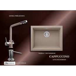 Güney Ankastre RealStone Cappuccino Atelier Evye Batarya Seti - Gordion 60 K012 60x47,5 cm + Arıtmalı Pirinç Batarya + Inox Sıvı Sabunluk