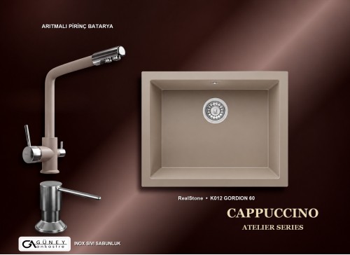 Güney Ankastre RealStone Cappuccino Atelier Evye Batarya Seti - Gordion 60 K012 60x47,5 cm + Arıtmalı Pirinç Batarya + Inox Sıvı Sabunluk