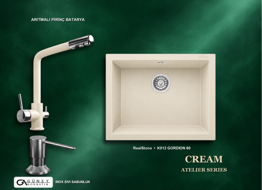 Güney Ankastre RealStone Krem Atelier Evye Batarya Seti - Gordion 60 K012 60x47,5 cm + Arıtmalı Pirinç Batarya + Inox Sıvı Sabunluk