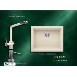 Güney Ankastre RealStone Krem Atelier Evye Batarya Seti - Gordion 60 K012 60x47,5 cm + Arıtmalı Pirinç Batarya + Inox Sıvı Sabunluk