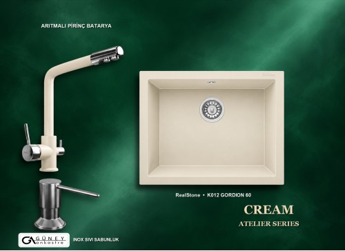 Güney Ankastre RealStone Krem Atelier Evye Batarya Seti - Gordion 60 K012 60x47,5 cm + Arıtmalı Pirinç Batarya + Inox Sıvı Sabunluk
