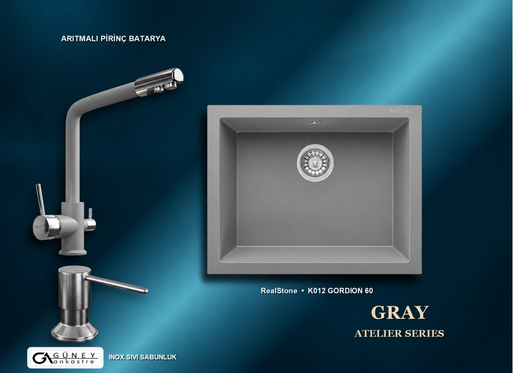 Güney Ankastre RealStone Gri Atelier Evye Batarya Seti - Gordion 60 K012 60x47,5 cm + Arıtmalı Pirinç Batarya + Inox Sıvı Sabunluk Güney Ankastre RealStone Gri Atelier Evye Batarya Seti - Gordion 60 K012 60x47,5 cm + Arıtmalı Pirinç Batarya + Inox Sıvı Sabunluk