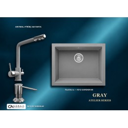 Güney Ankastre RealStone Gri Atelier Evye Batarya Seti - Gordion 60 K012 60x47,5 cm + Arıtmalı Pirinç Batarya + Inox Sıvı Sabunluk