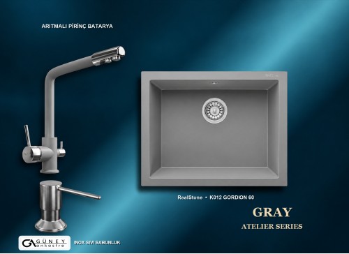 Güney Ankastre RealStone Gri Atelier Evye Batarya Seti - Gordion 60 K012 60x47,5 cm + Arıtmalı Pirinç Batarya + Inox Sıvı Sabunluk