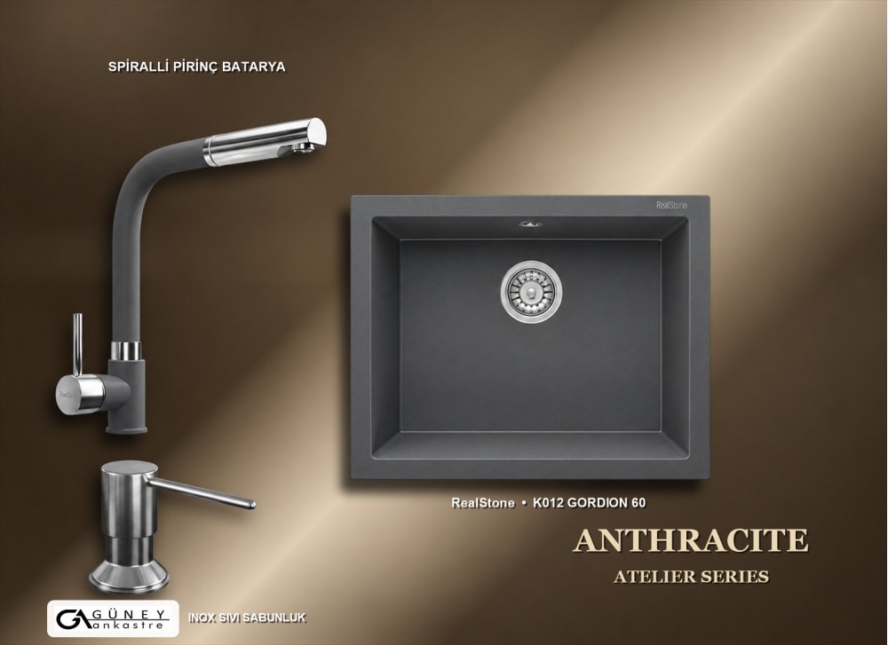 Güney Ankastre RealStone Antrasit Atelier Evye Batarya Seti - Gordion 60 K012 60x47,5 cm + Spiralli Pirinç Batarya + Inox Sıvı Sabunluk Güney Ankastre RealStone Antrasit Atelier Evye Batarya Seti - Gordion 60 K012 60x47,5 cm + Spiralli Pirinç Batarya + Inox Sıvı Sabunluk