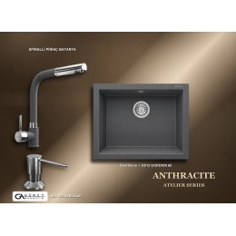 Güney Ankastre RealStone Antrasit Atelier Evye Batarya Seti - Gordion 60 K012 60x47,5 cm + Spiralli Pirinç Batarya + Inox Sıvı Sabunluk