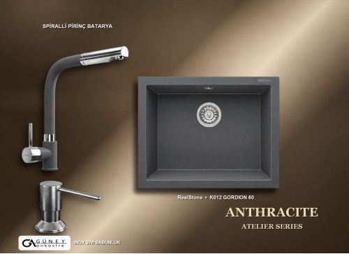 Güney Ankastre RealStone Antrasit Atelier Evye Batarya Seti - Gordion 60 K012 60x47,5 cm + Spiralli Pirinç Batarya + Inox Sıvı Sabunluk