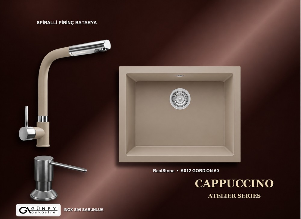 Güney Ankastre RealStone Cappuccino Atelier Evye Batarya Seti - Gordion 60 K012 60x47,5 cm + Spiralli Pirinç Batarya + Inox Sıvı Sabunluk Güney Ankastre RealStone Cappuccino Atelier Evye Batarya Seti - Gordion 60 K012 60x47,5 cm + Spiralli Pirinç Batarya + Inox Sıvı Sabunluk