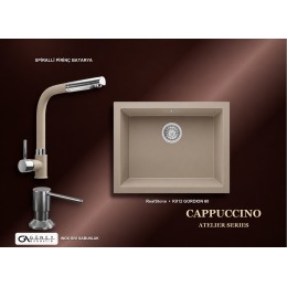 Güney Ankastre RealStone Cappuccino Atelier Evye Batarya Seti - Gordion 60 K012 60x47,5 cm + Spiralli Pirinç Batarya + Inox Sıvı Sabunluk