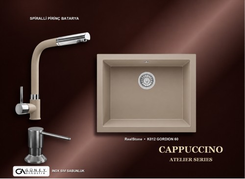 Güney Ankastre RealStone Cappuccino Atelier Evye Batarya Seti - Gordion 60 K012 60x47,5 cm + Spiralli Pirinç Batarya + Inox Sıvı Sabunluk