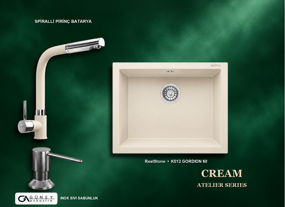 Güney Ankastre RealStone Krem Atelier Evye Batarya Seti - Gordion 60 K012 60x47,5 cm + Spiralli Pirinç Batarya + Inox Sıvı Sabunluk Güney Ankastre RealStone Krem Atelier Evye Batarya Seti - Gordion 60 K012 60x47,5 cm + Spiralli Pirinç Batarya + Inox Sıvı Sabunluk