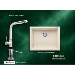 Güney Ankastre RealStone Krem Atelier Evye Batarya Seti - Gordion 60 K012 60x47,5 cm + Spiralli Pirinç Batarya + Inox Sıvı Sabunluk