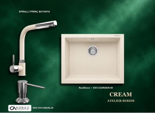 Güney Ankastre RealStone Krem Atelier Evye Batarya Seti - Gordion 60 K012 60x47,5 cm + Spiralli Pirinç Batarya + Inox Sıvı Sabunluk