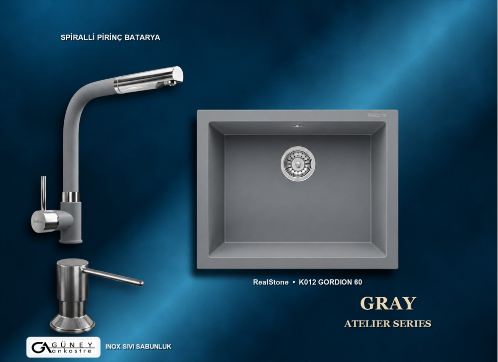 Güney Ankastre RealStone Gri Atelier Evye Batarya Seti - Gordion 60 K012 60x47,5 cm + Spiralli Pirinç Batarya + Inox Sıvı Sabunluk Güney Ankastre RealStone Gri Atelier Evye Batarya Seti - Gordion 60 K012 60x47,5 cm + Spiralli Pirinç Batarya + Inox Sıvı Sabunluk