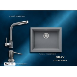 Güney Ankastre RealStone Gri Atelier Evye Batarya Seti - Gordion 60 K012 60x47,5 cm + Spiralli Pirinç Batarya + Inox Sıvı Sabunluk