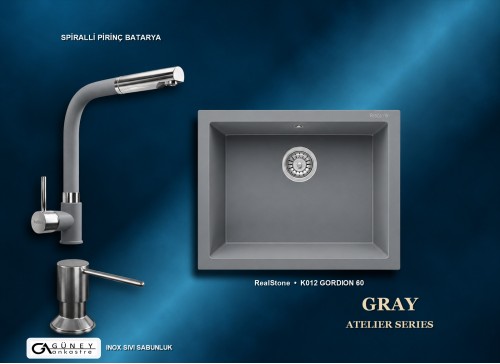 Güney Ankastre RealStone Gri Atelier Evye Batarya Seti - Gordion 60 K012 60x47,5 cm + Spiralli Pirinç Batarya + Inox Sıvı Sabunluk