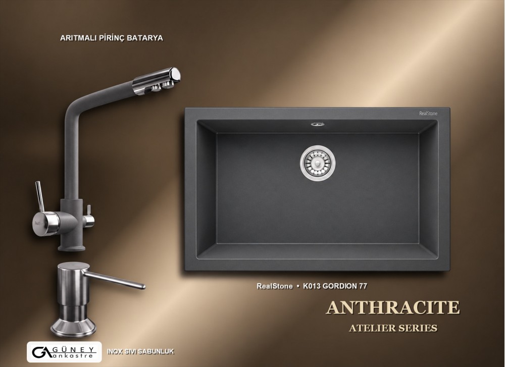 Güney Ankastre RealStone Antrasit Atelier Evye Batarya Seti - Gordion 77 K013 77x47,5 cm + Arıtmalı Pirinç Batarya + Inox Sıvı Sabunluk Güney Ankastre RealStone Antrasit Atelier Evye Batarya Seti - Gordion 77 K013 77x47,5 cm + Arıtmalı Pirinç Batarya + Inox Sıvı Sabunluk