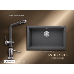 Güney Ankastre RealStone Antrasit Atelier Evye Batarya Seti - Gordion 77 K013 77x47,5 cm + Arıtmalı Pirinç Batarya + Inox Sıvı Sabunluk
