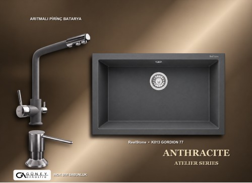 Güney Ankastre RealStone Antrasit Atelier Evye Batarya Seti - Gordion 77 K013 77x47,5 cm + Arıtmalı Pirinç Batarya + Inox Sıvı Sabunluk