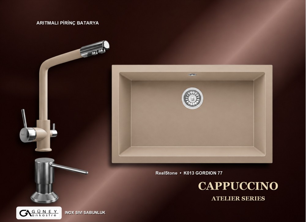Güney Ankastre RealStone Cappuccino Atelier Evye Batarya Seti - Gordion 77 K013 77x47,5 cm + Arıtmalı Pirinç Batarya + Inox Sıvı Sabunluk Güney Ankastre RealStone Cappuccino Atelier Evye Batarya Seti - Gordion 77 K013 77x47,5 cm + Arıtmalı Pirinç Batarya + Inox Sıvı Sabunluk