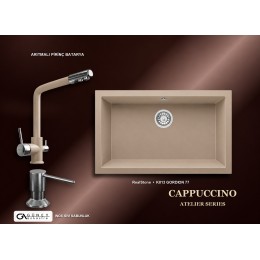 Güney Ankastre RealStone Cappuccino Atelier Evye Batarya Seti - Gordion 77 K013 77x47,5 cm + Arıtmalı Pirinç Batarya + Inox Sıvı Sabunluk