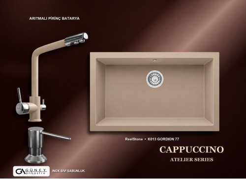 Güney Ankastre RealStone Cappuccino Atelier Evye Batarya Seti - Gordion 77 K013 77x47,5 cm + Arıtmalı Pirinç Batarya + Inox Sıvı Sabunluk