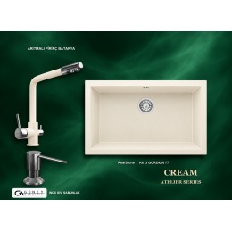 Güney Ankastre RealStone Krem Atelier Evye Batarya Seti - Gordion 77 K013 77x47,5 cm + Arıtmalı Pirinç Batarya + Inox Sıvı Sabunluk