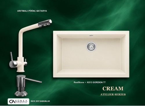Güney Ankastre RealStone Krem Atelier Evye Batarya Seti - Gordion 77 K013 77x47,5 cm + Arıtmalı Pirinç Batarya + Inox Sıvı Sabunluk
