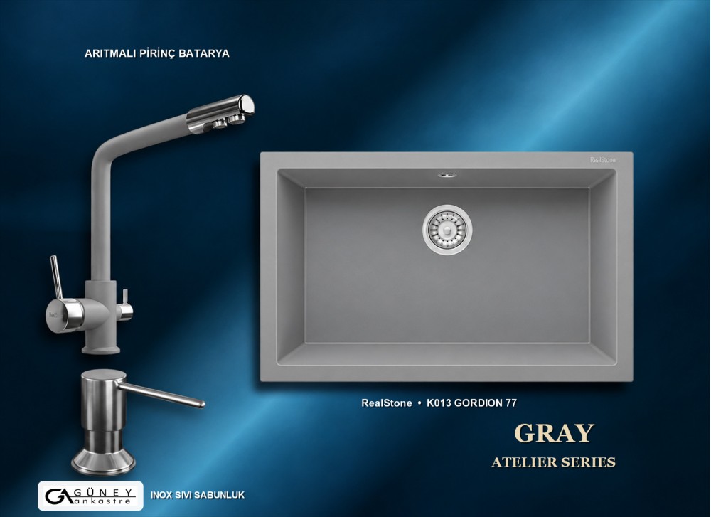 Güney Ankastre RealStone Gri Atelier Evye Batarya Seti - Gordion 77 K013 77x47,5 cm + Arıtmalı Pirinç Batarya + Inox Sıvı Sabunluk Güney Ankastre RealStone Gri Atelier Evye Batarya Seti - Gordion 77 K013 77x47,5 cm + Arıtmalı Pirinç Batarya + Inox Sıvı Sabunluk
