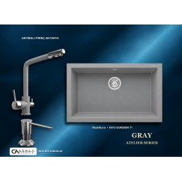 Güney Ankastre RealStone Gri Atelier Evye Batarya Seti - Gordion 77 K013 77x47,5 cm + Arıtmalı Pirinç Batarya + Inox Sıvı Sabunluk