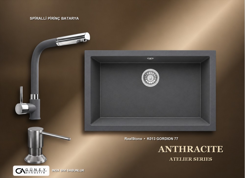 Güney Ankastre RealStone Antrasit Atelier Evye Batarya Seti - Gordion 77 K013 77x47,5 cm + Spiralli Pirinç Batarya + Inox Sıvı Sabunluk Güney Ankastre RealStone Antrasit Atelier Evye Batarya Seti - Gordion 77 K013 77x47,5 cm + Spiralli Pirinç Batarya + Inox Sıvı Sabunluk