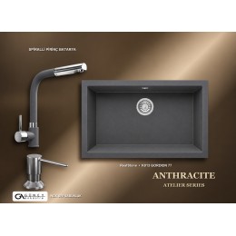 Güney Ankastre RealStone Antrasit Atelier Evye Batarya Seti - Gordion 77 K013 77x47,5 cm + Spiralli Pirinç Batarya + Inox Sıvı Sabunluk