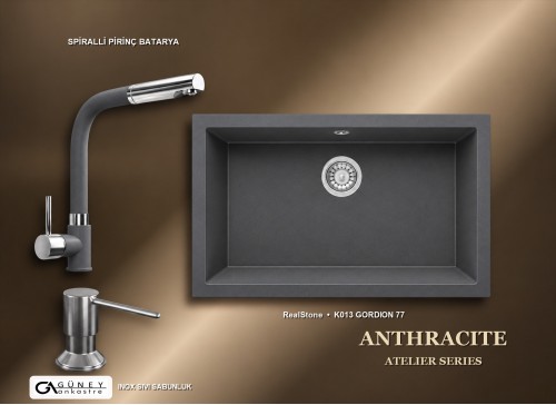 Güney Ankastre RealStone Antrasit Atelier Evye Batarya Seti - Gordion 77 K013 77x47,5 cm + Spiralli Pirinç Batarya + Inox Sıvı Sabunluk