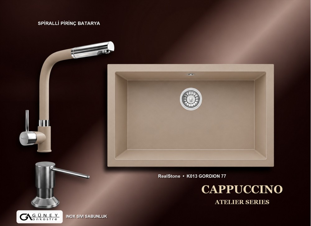 Güney Ankastre RealStone Cappuccino Atelier Evye Batarya Seti - Gordion 77 K013 77x47,5 cm + Spiralli Pirinç Batarya + Inox Sıvı Sabunluk Güney Ankastre RealStone Cappuccino Atelier Evye Batarya Seti - Gordion 77 K013 77x47,5 cm + Spiralli Pirinç Batarya + Inox Sıvı Sabunluk