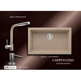 Güney Ankastre RealStone Cappuccino Atelier Evye Batarya Seti - Gordion 77 K013 77x47,5 cm + Spiralli Pirinç Batarya + Inox Sıvı Sabunluk