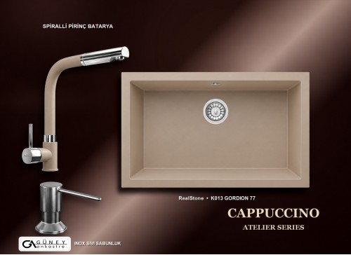 Güney Ankastre RealStone Cappuccino Atelier Evye Batarya Seti - Gordion 77 K013 77x47,5 cm + Spiralli Pirinç Batarya + Inox Sıvı Sabunluk