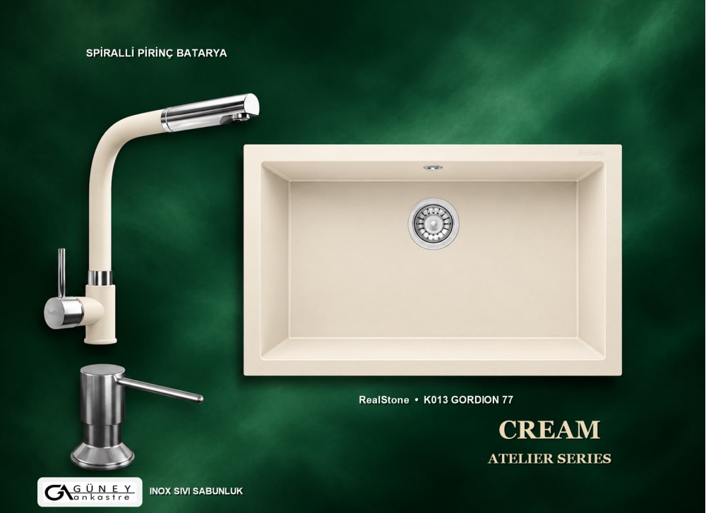 Güney Ankastre RealStone Krem Atelier Evye Batarya Seti - Gordion 77 K013 77x47,5 cm + Spiralli Pirinç Batarya + Inox Sıvı Sabunluk Güney Ankastre RealStone Krem Atelier Evye Batarya Seti - Gordion 77 K013 77x47,5 cm + Spiralli Pirinç Batarya + Inox Sıvı Sabunluk