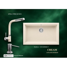 Güney Ankastre RealStone Krem Atelier Evye Batarya Seti - Gordion 77 K013 77x47,5 cm + Spiralli Pirinç Batarya + Inox Sıvı Sabunluk