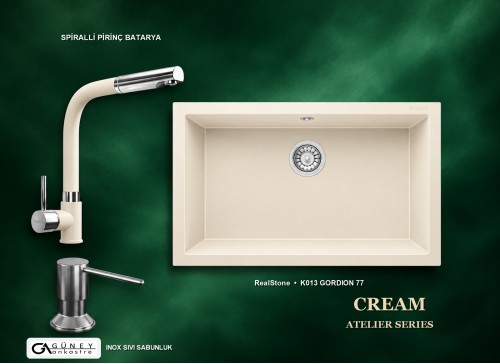 Güney Ankastre RealStone Krem Atelier Evye Batarya Seti - Gordion 77 K013 77x47,5 cm + Spiralli Pirinç Batarya + Inox Sıvı Sabunluk