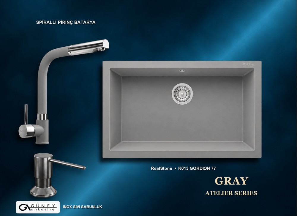 Güney Ankastre RealStone Gri Atelier Evye Batarya Seti - Gordion 77 K013 77x47,5 cm + Spiralli Pirinç Batarya + Inox Sıvı Sabunluk Güney Ankastre RealStone Gri Atelier Evye Batarya Seti - Gordion 77 K013 77x47,5 cm + Spiralli Pirinç Batarya + Inox Sıvı Sabunluk
