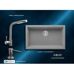 Güney Ankastre RealStone Gri Atelier Evye Batarya Seti - Gordion 77 K013 77x47,5 cm + Spiralli Pirinç Batarya + Inox Sıvı Sabunluk
