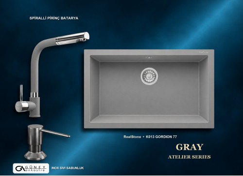 Güney Ankastre RealStone Gri Atelier Evye Batarya Seti - Gordion 77 K013 77x47,5 cm + Spiralli Pirinç Batarya + Inox Sıvı Sabunluk