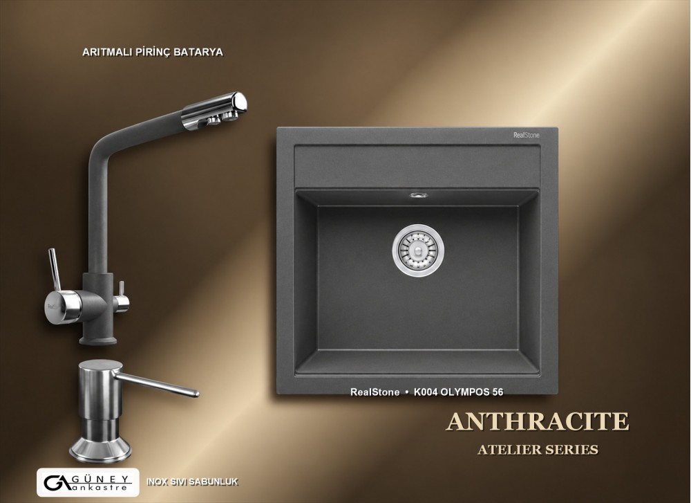 Güney Ankastre RealStone Antrasit Atelier Evye Batarya Seti - Olympos 56 K004 56x53 cm + Arıtmalı Pirinç Batarya + Inox Sıvı Sabunluk