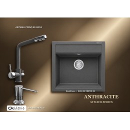 Güney Ankastre RealStone Antrasit Atelier Evye Batarya Seti - Olympos 56 K004 56x53 cm + Arıtmalı Pirinç Batarya + Inox Sıvı Sabunluk