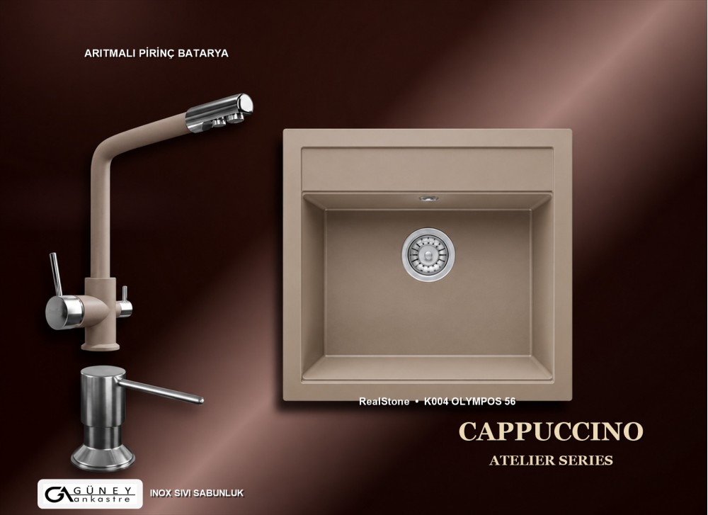 Güney Ankastre RealStone Cappuccino Atelier Evye Batarya Seti - Olympos 56 K004 56x53 cm + Arıtmalı Pirinç Batarya + Inox Sıvı Sabunluk Güney Ankastre RealStone Cappuccino Atelier Evye Batarya Seti - Olympos 56 K004 56x53 cm + Arıtmalı Pirinç Batarya + Inox Sıvı Sabunluk