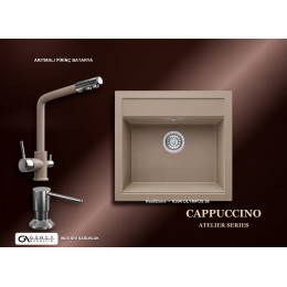 Güney Ankastre RealStone Cappuccino Atelier Evye Batarya Seti - Olympos 56 K004 56x53 cm + Arıtmalı Pirinç Batarya + Inox Sıvı Sabunluk