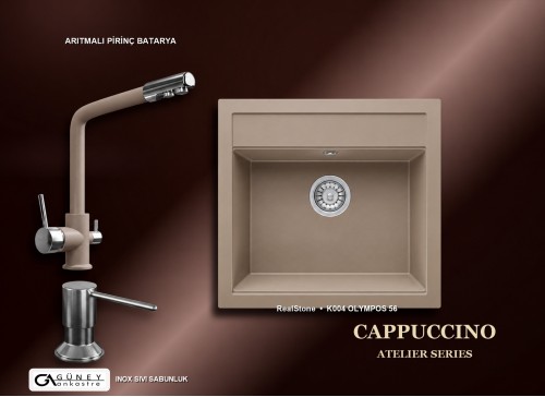 Güney Ankastre RealStone Cappuccino Atelier Evye Batarya Seti - Olympos 56 K004 56x53 cm + Arıtmalı Pirinç Batarya + Inox Sıvı Sabunluk
