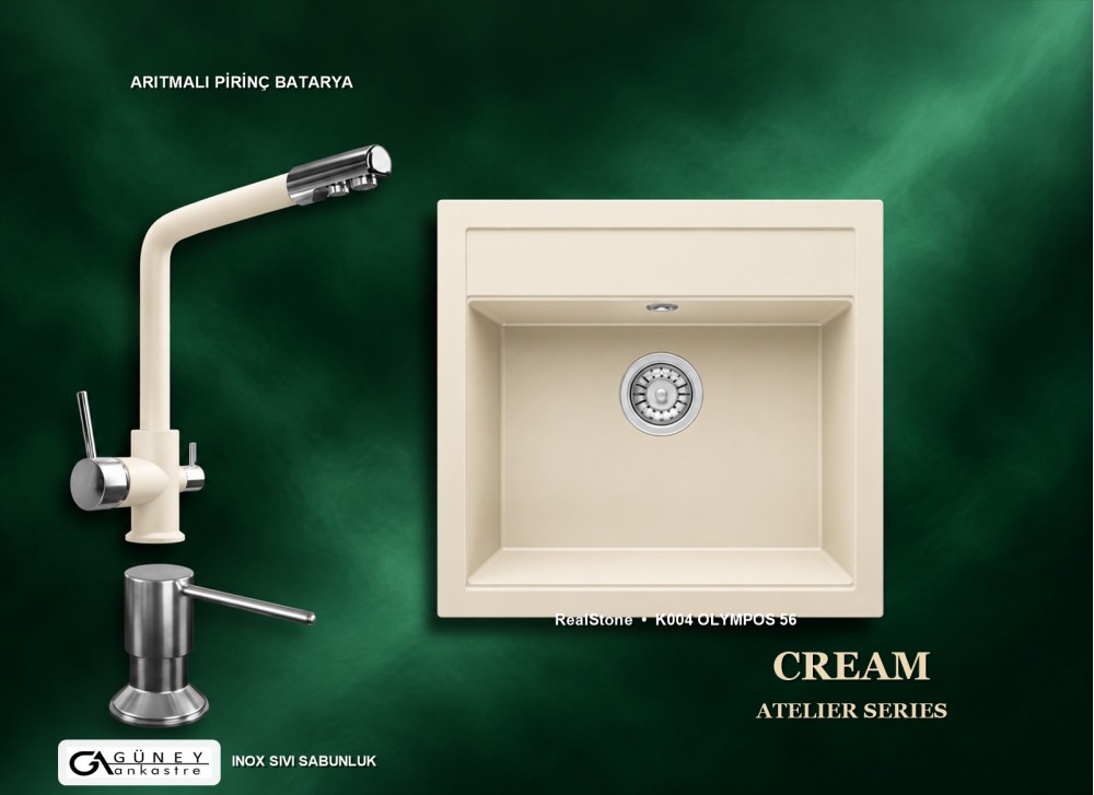 Güney Ankastre RealStone Krem Atelier Evye Batarya Seti - Olympos 56 K004 56x53 cm + Arıtmalı Pirinç Batarya + Inox Sıvı Sabunluk Güney Ankastre RealStone Krem Atelier Evye Batarya Seti - Olympos 56 K004 56x53 cm + Arıtmalı Pirinç Batarya + Inox Sıvı Sabunluk