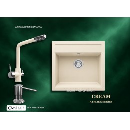 Güney Ankastre RealStone Krem Atelier Evye Batarya Seti - Olympos 56 K004 56x53 cm + Arıtmalı Pirinç Batarya + Inox Sıvı Sabunluk